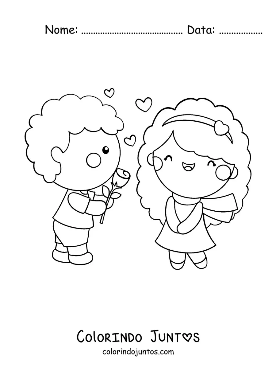 Desenho para colorir de menino dando uma rosa para a amada