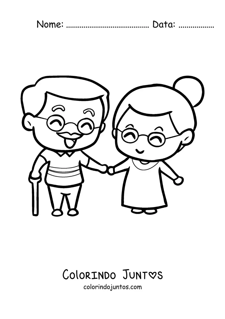 Desenho para colorir de casal de idosos apaixonados de maos dadas