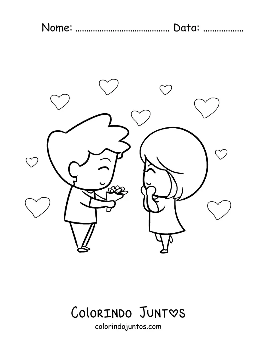 Desenho para colorir de menino dando um buque de flores para a amada