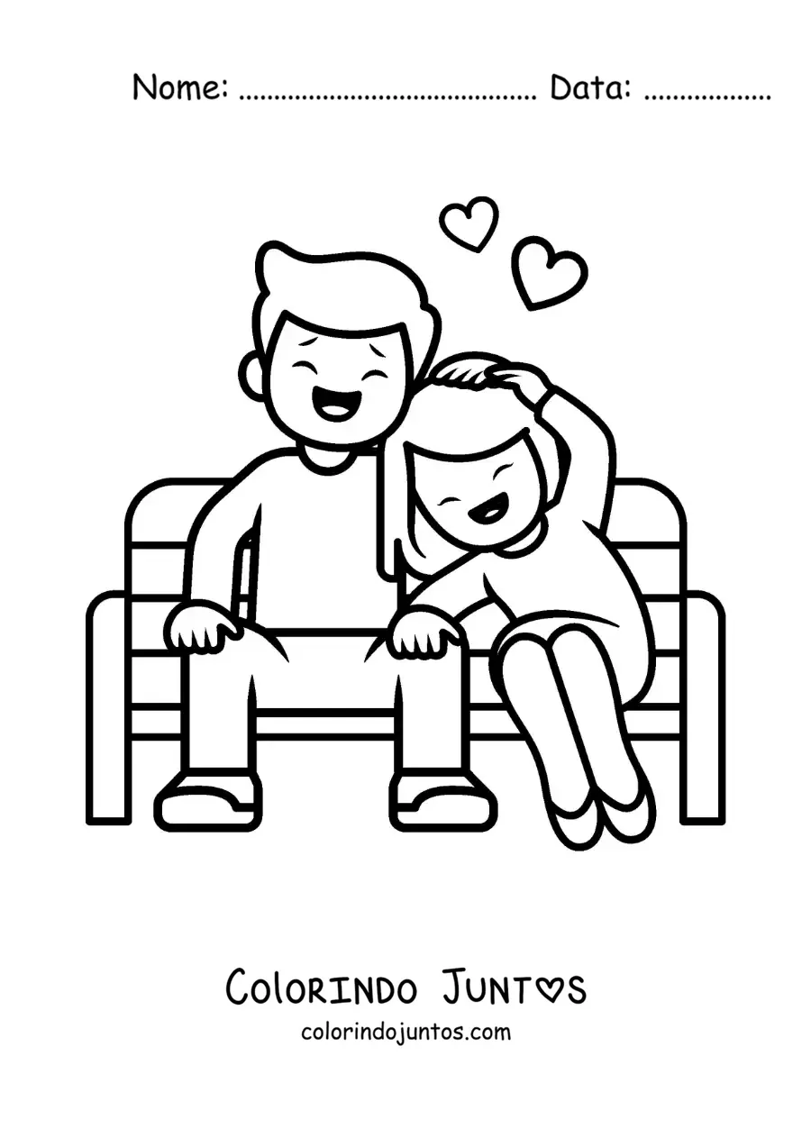 Desenho para colorir de casal de namorados sentados rindo juntos com coracoes