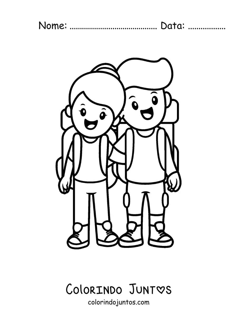 Desenho para colorir de casal de namorados excursionistas viajando juntos