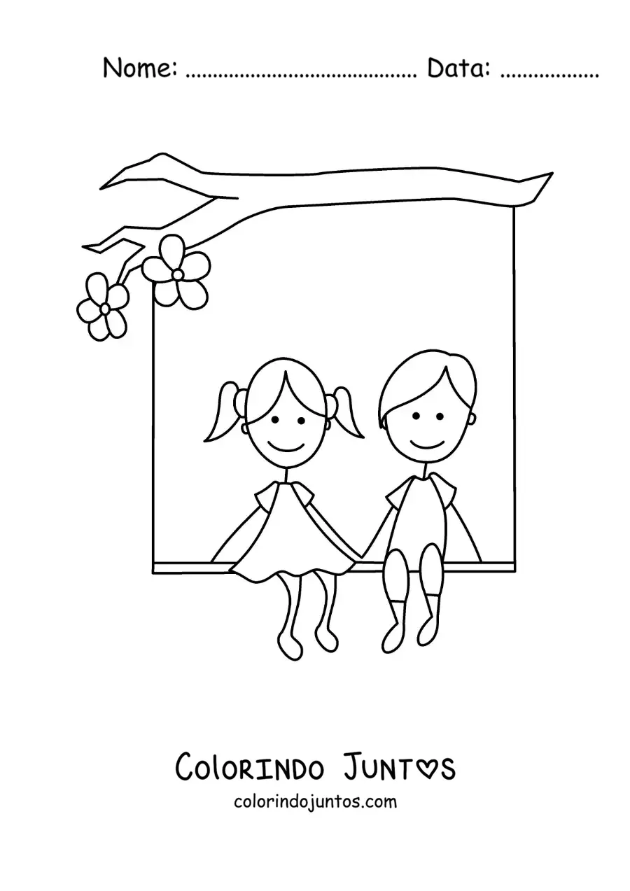 Desenho para colorir de casal apaixonado sentado debaixo de uma arvore com coracoes
