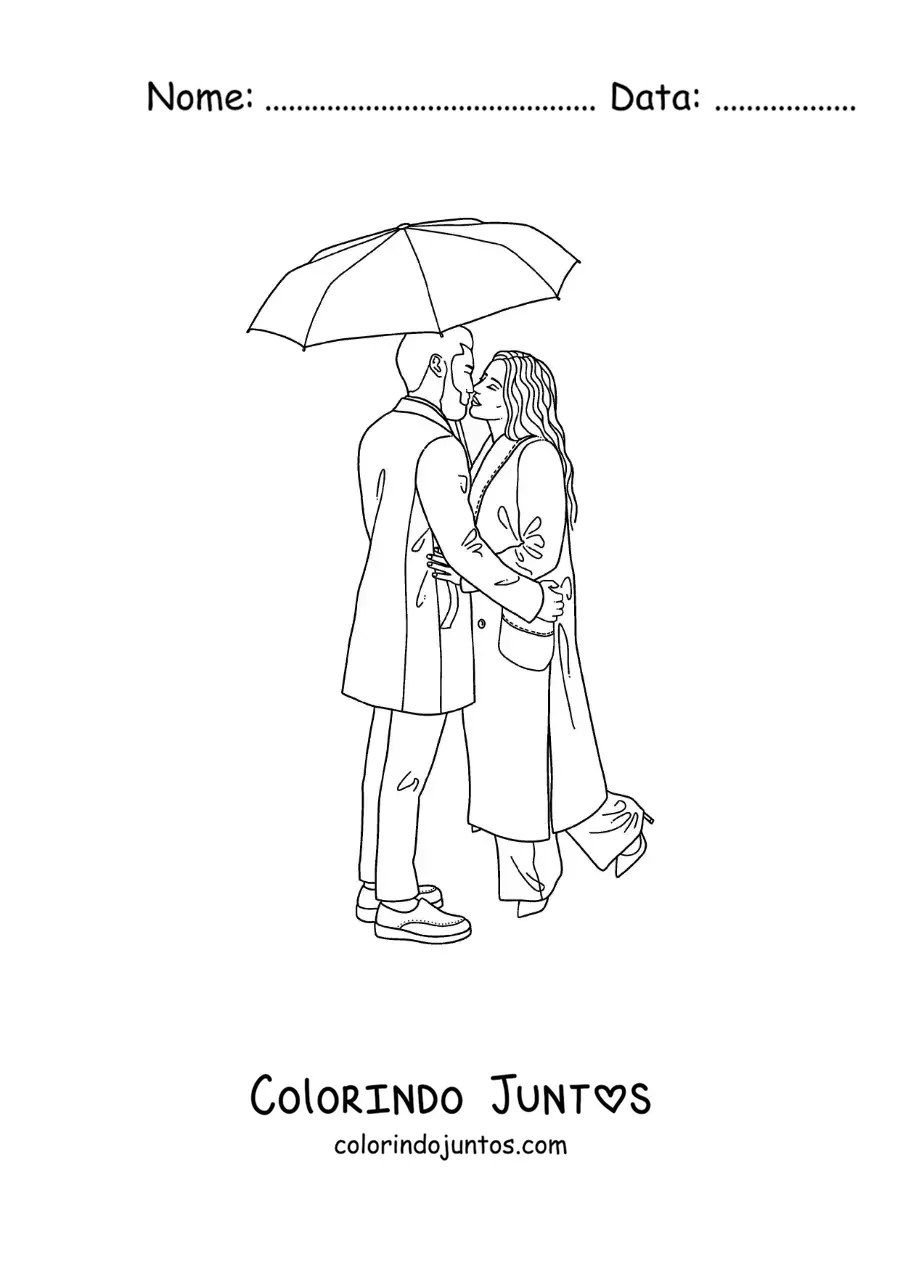 Desenho para colorir de casal se beijando na chuva