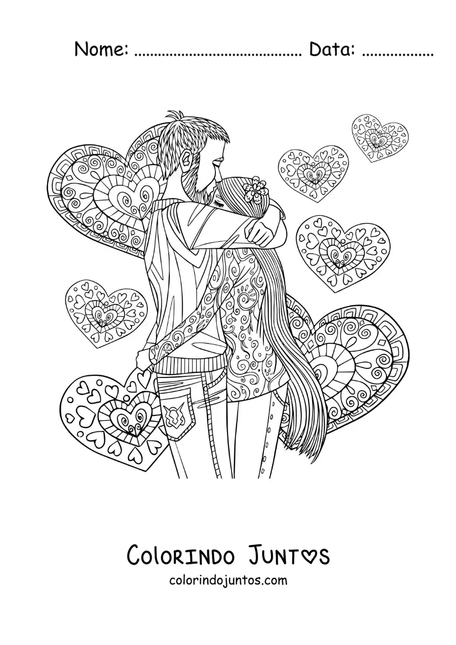 Desenho para colorir de casal se abracando com coracoes