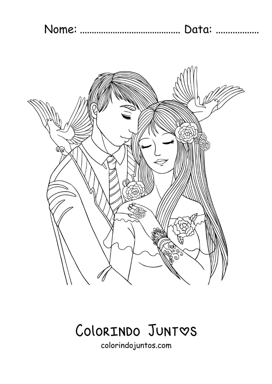 Desenho para colorir de casal se casando com pombas ao fundo