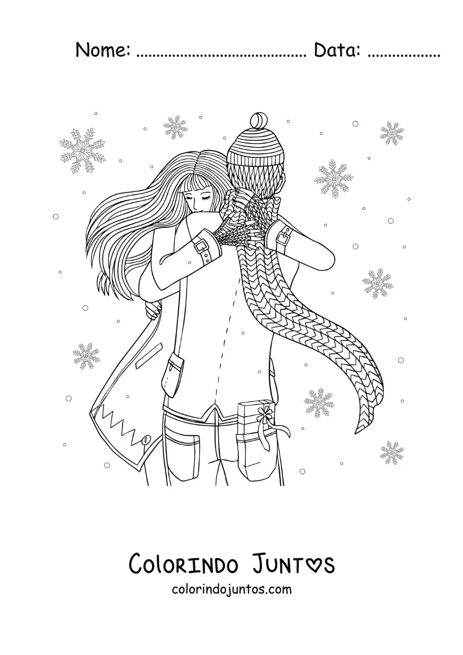 Desenho para colorir de casal se abracando na neve