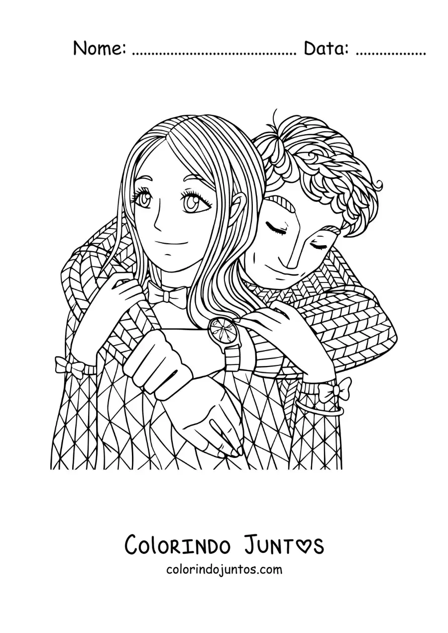 Desenho para colorir de casal de namorados abracados