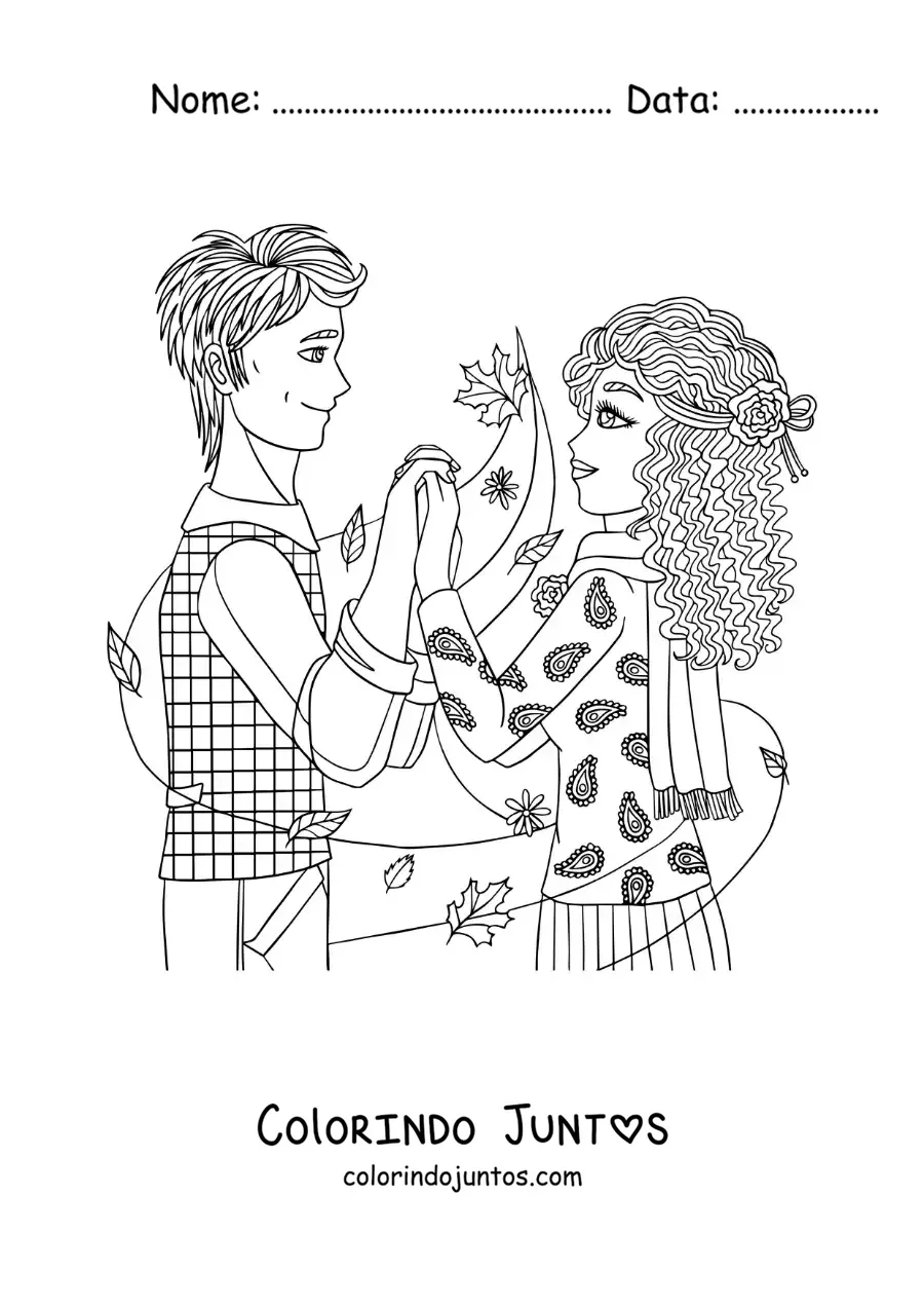 Desenho para colorir de cena romantica de um casal de maos dadas