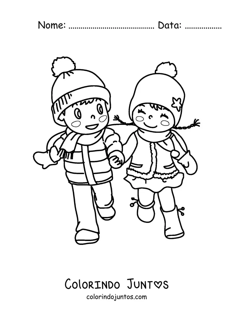 Desenho para colorir de menino e menina de maos dadas no inverno
