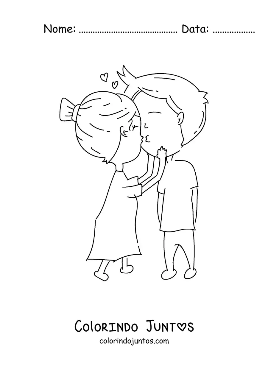 Desenho para colorir de beijo de casal com coracoes