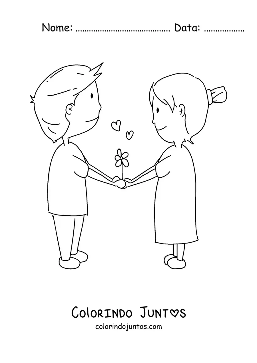 Desenho para colorir de casal fofo de maos dadas com coracoes