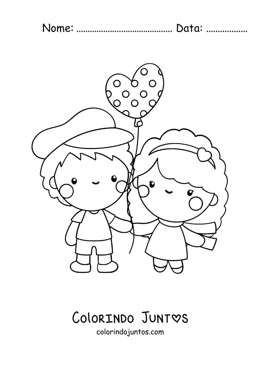 Desenho para colorir de casal apaixonado com balao de coracao