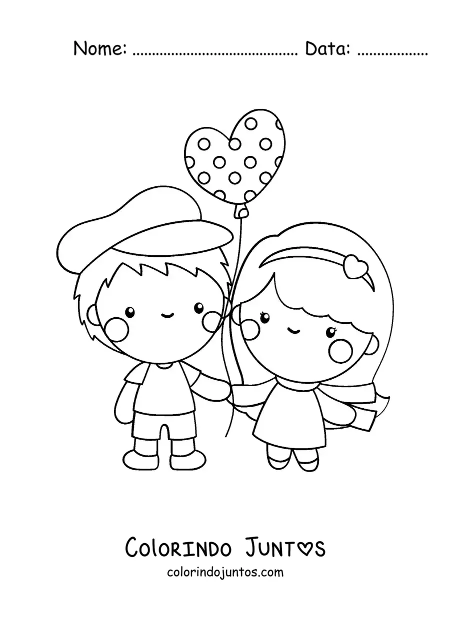 Desenho para colorir de casal apaixonado com balao de Sao Valentim