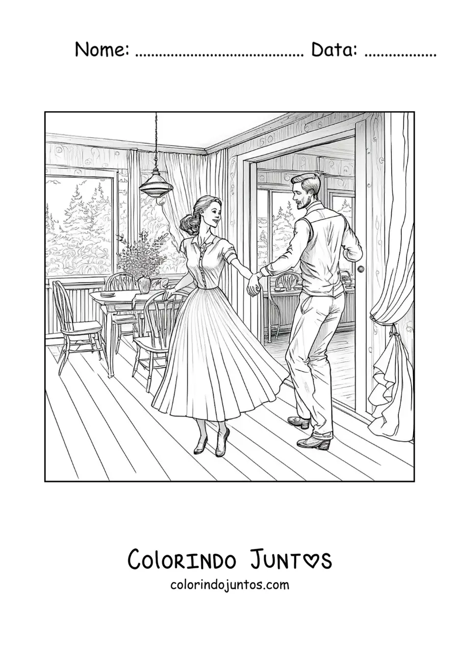 Desenho para colorir de casal vintage dancando em casa