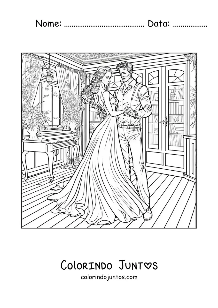 Desenho para colorir de casal vintage elegante dancando valsa em uma casa