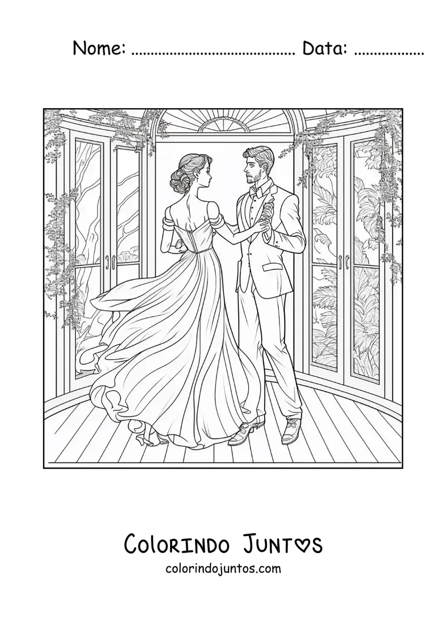 Desenho para colorir de cena romantica de um casal dancando no jardim
