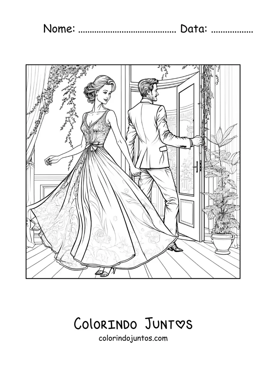 Desenho para colorir de lindo casal vintage em uma casa com jardim