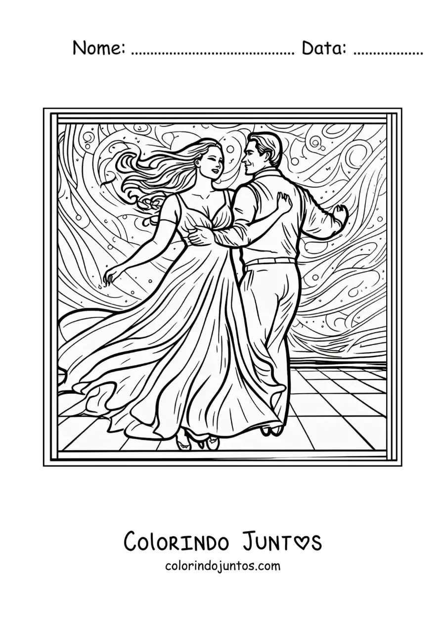 Desenho para colorir de casal feliz dancando junto