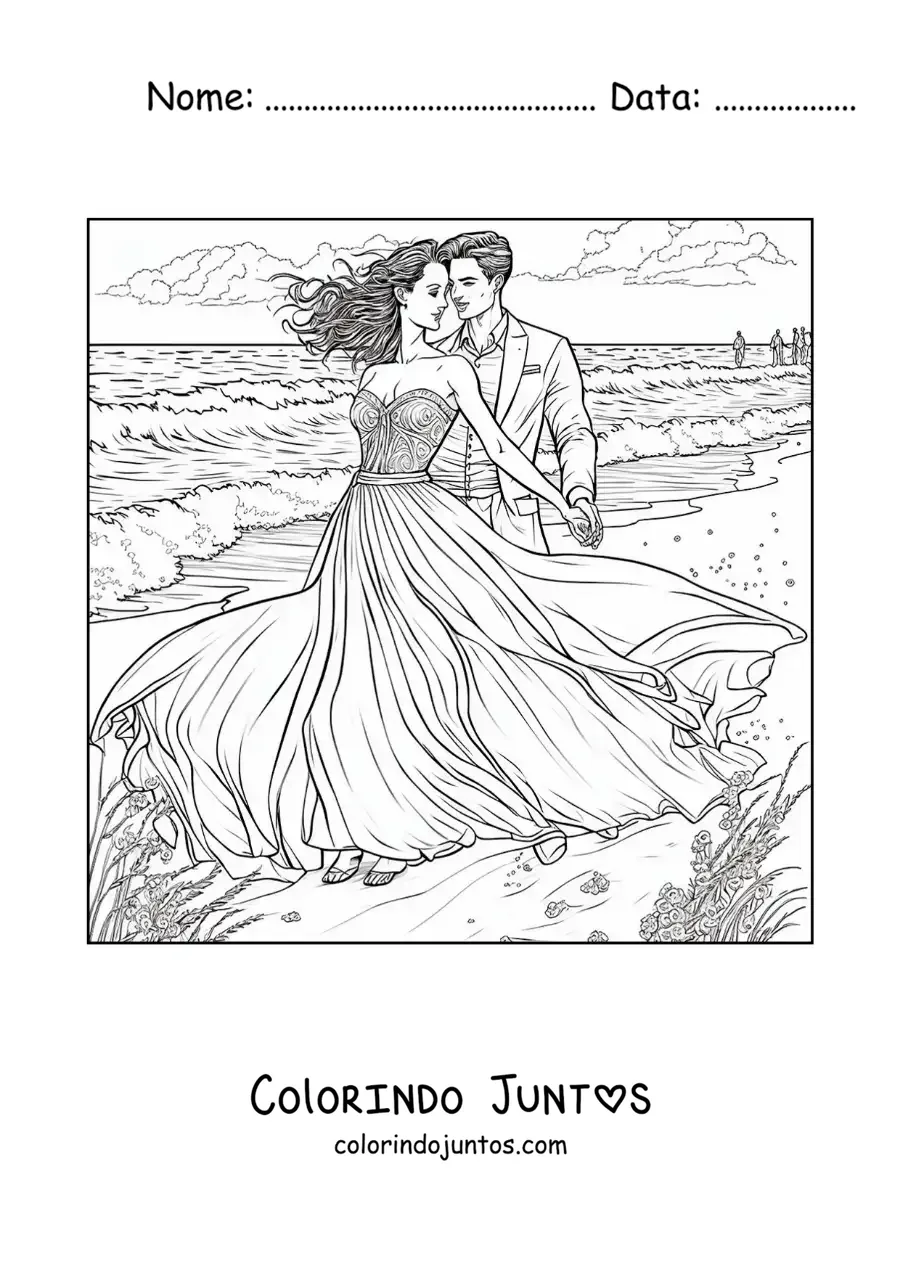 Desenho para colorir de cena romantica de um casal na praia