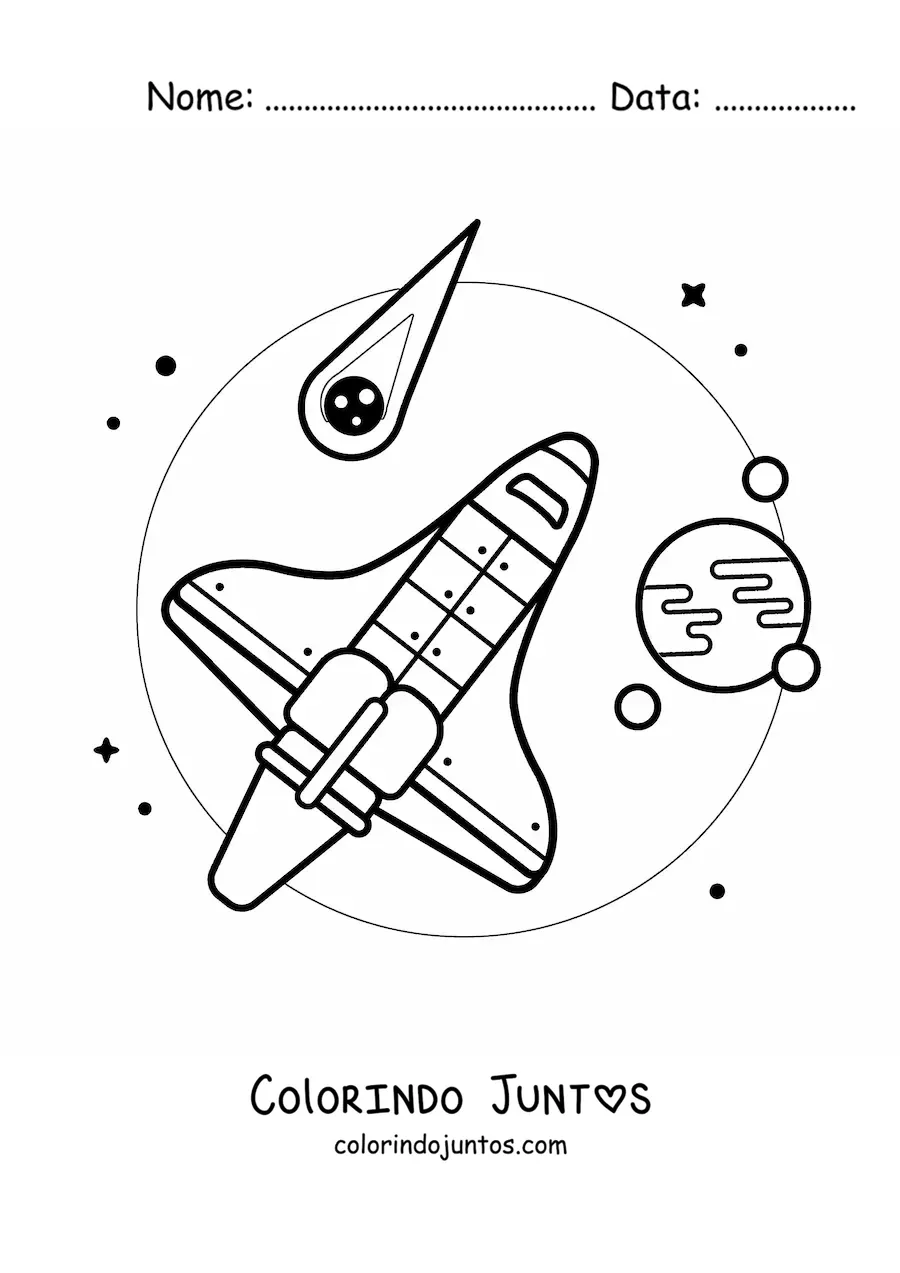 Desenho para colorir de um foguete no espaco junto a asteroides e planetas