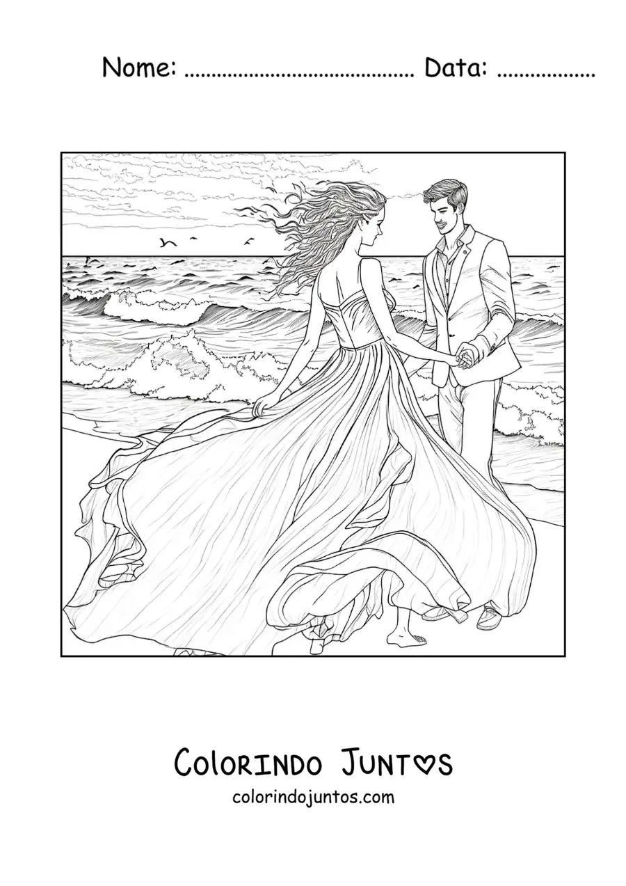 Desenho para colorir de cena romantica de namorados na praia