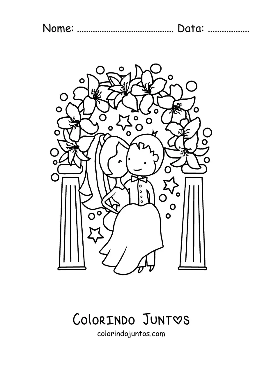 Desenho para colorir de casal feliz animado em seu casamento com flores