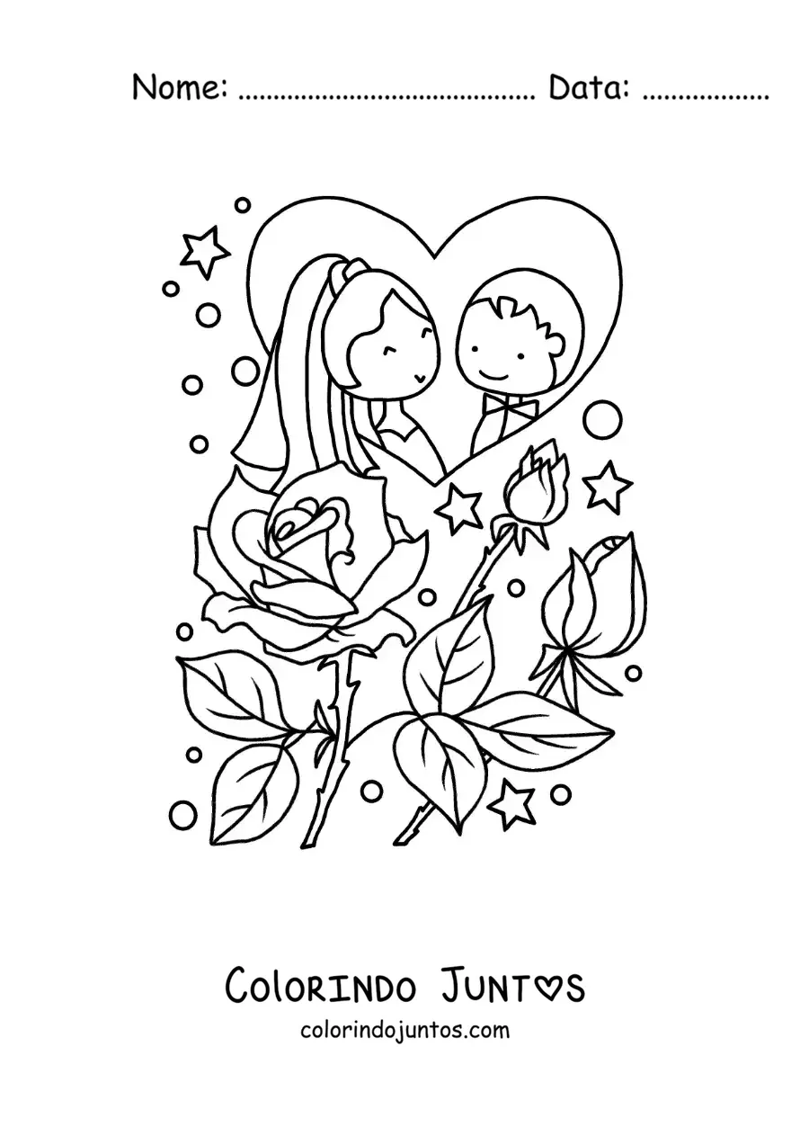 Desenho para colorir de casal feliz animado em seu casamento com rosas e coracoes