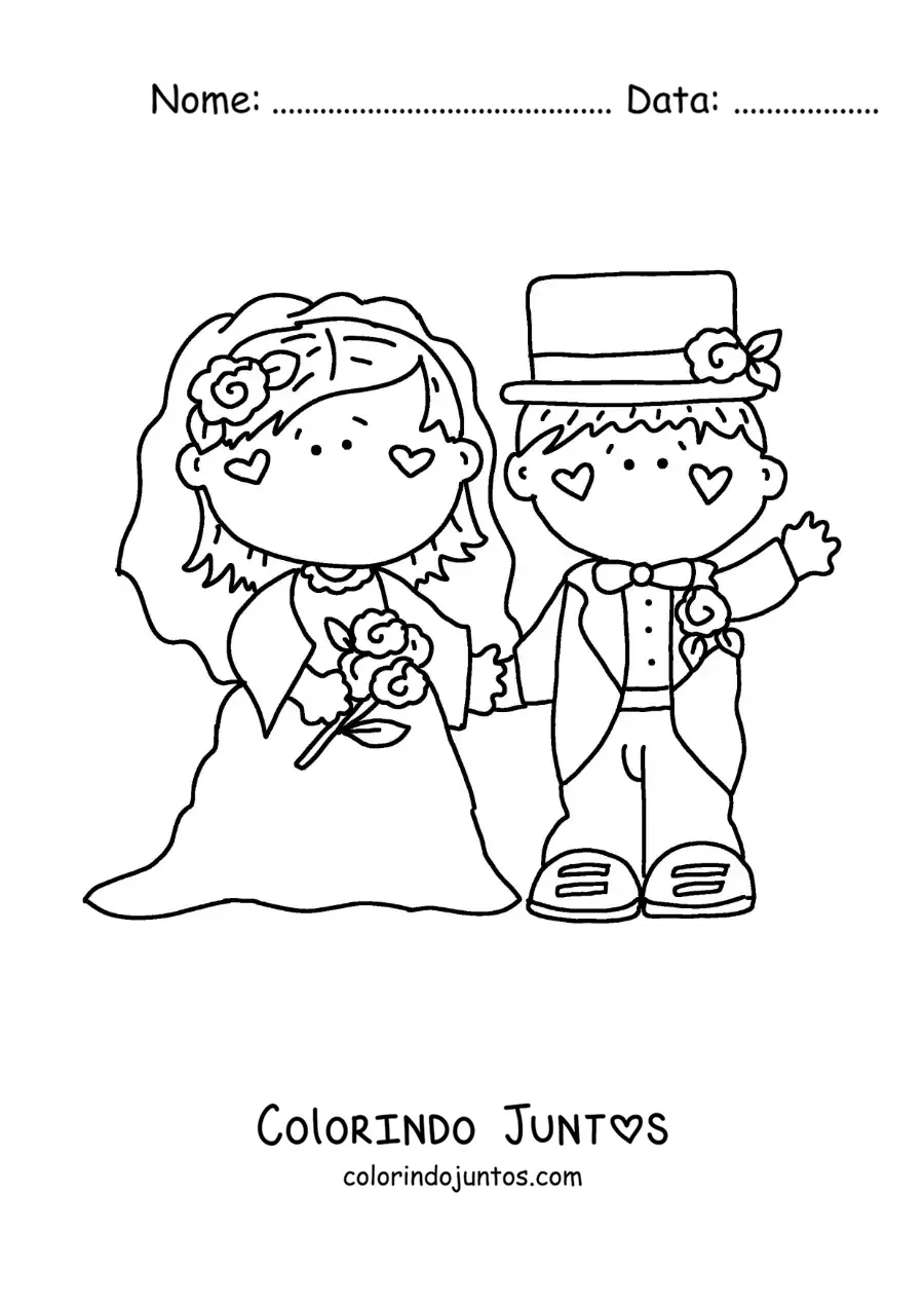 Desenho para colorir de caricatura do noivo e da noiva em seu casamento