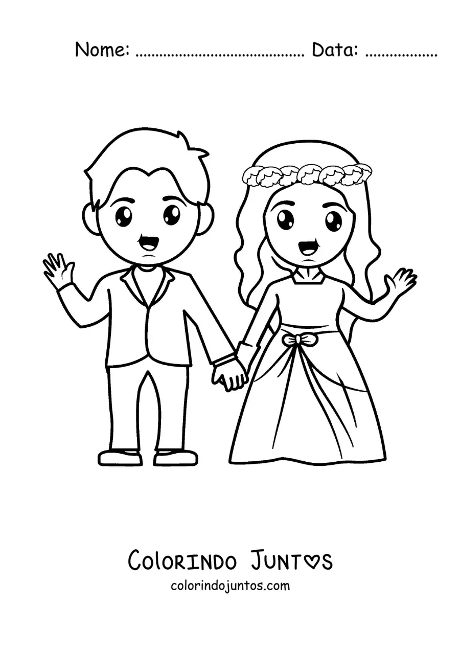 Desenho para colorir de casal de noivos no dia do casamento