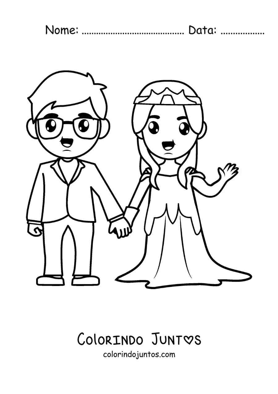 Desenho para colorir de casal de noivos animado em seu casamento