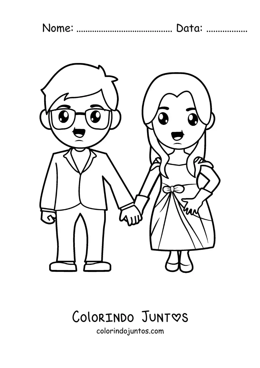 Desenho para colorir de casal de noivos de maos dadas em seu casamento