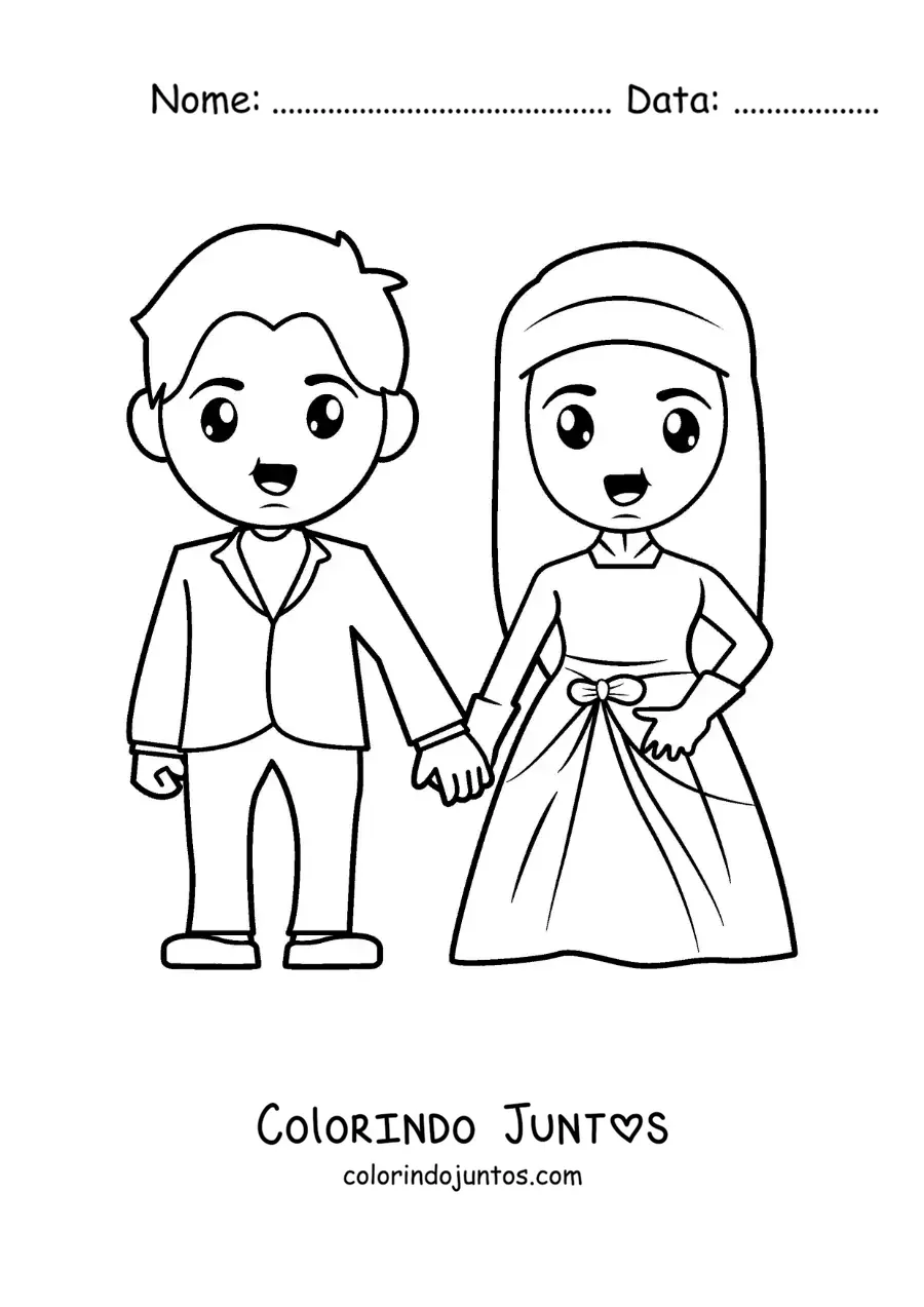Desenho para colorir de noivo e noiva em seu casamento