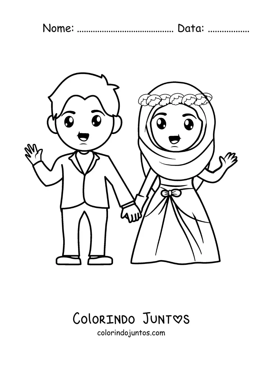 Desenho para colorir de noivo e noiva de hijab em seu casamento