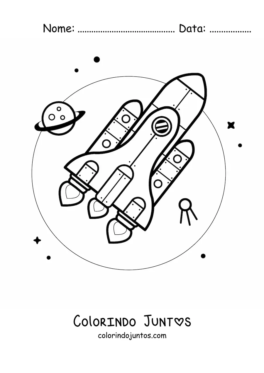 Desenho para colorir de um foguete no espaco junto a um planeta