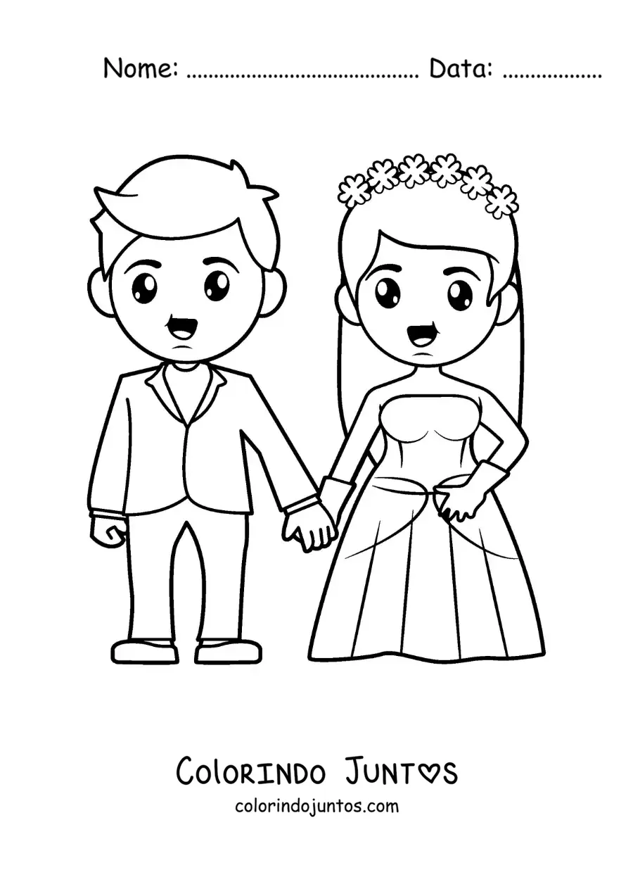 Desenho para colorir de noivo e noiva de vestido em seu casamento