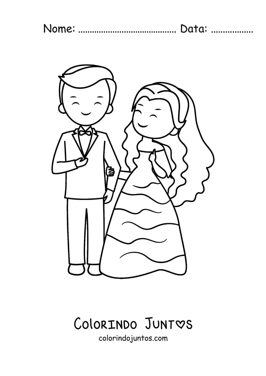 Desenho para colorir de casal animado no dia do casamento