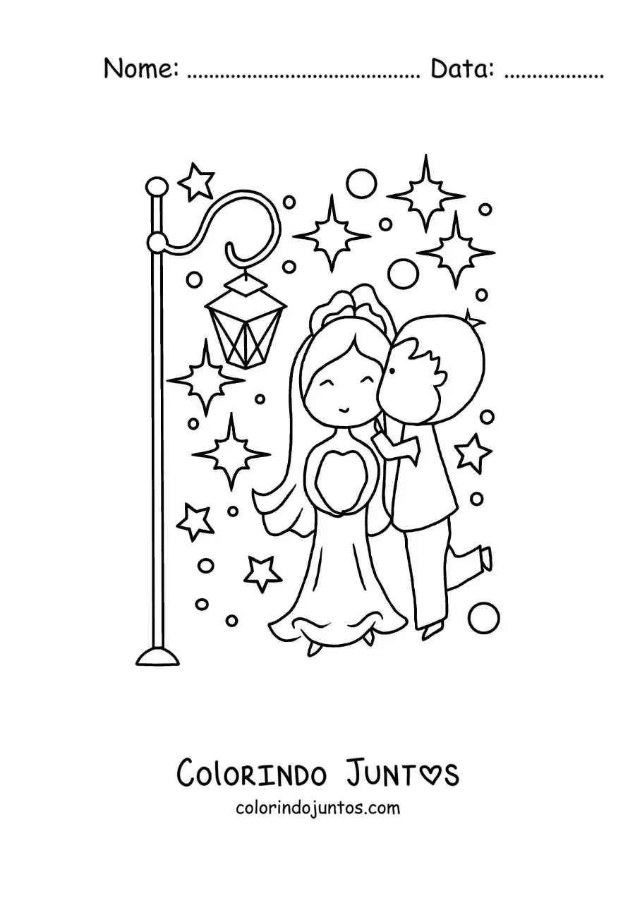 Desenho para colorir de casal fofo no dia do casamento com estrelas