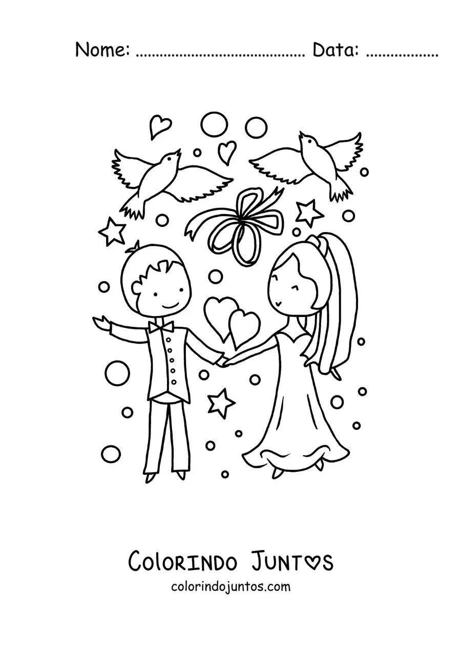 Desenho para colorir de casal fofo animado em seu casamento com coracoes e pombas