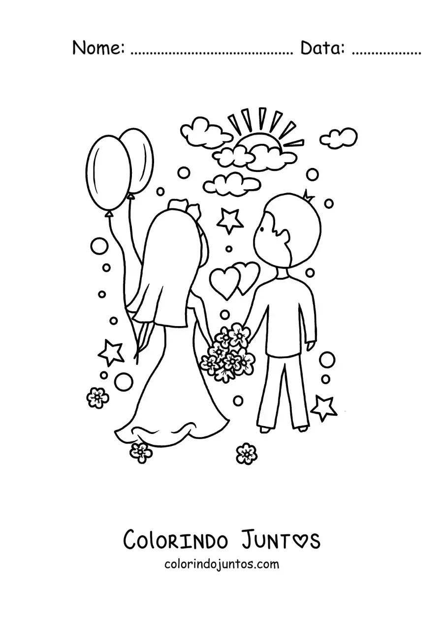 Desenho para colorir de casal de recem-casados no dia do casamento com coracoes e flores