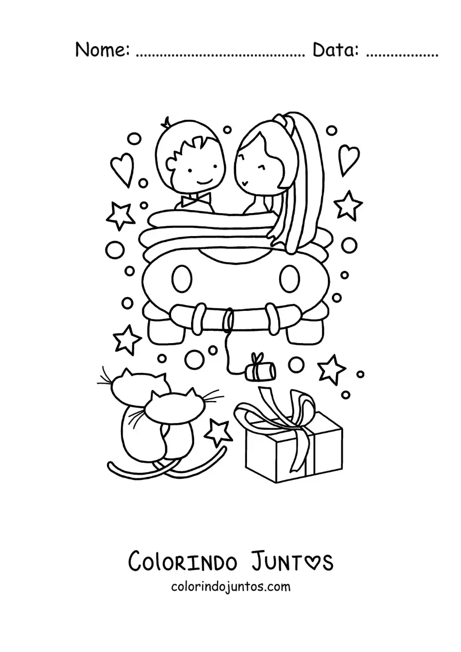 Desenho para colorir de casal de recem-casados em um carro com coracoes