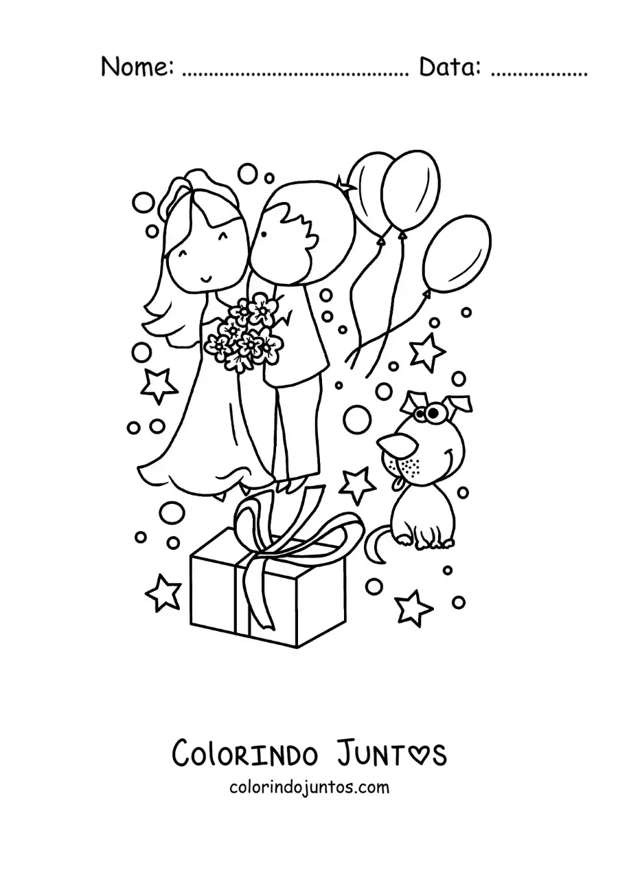 Desenho para colorir de casal de noivos animado em seu casamento com presentes
