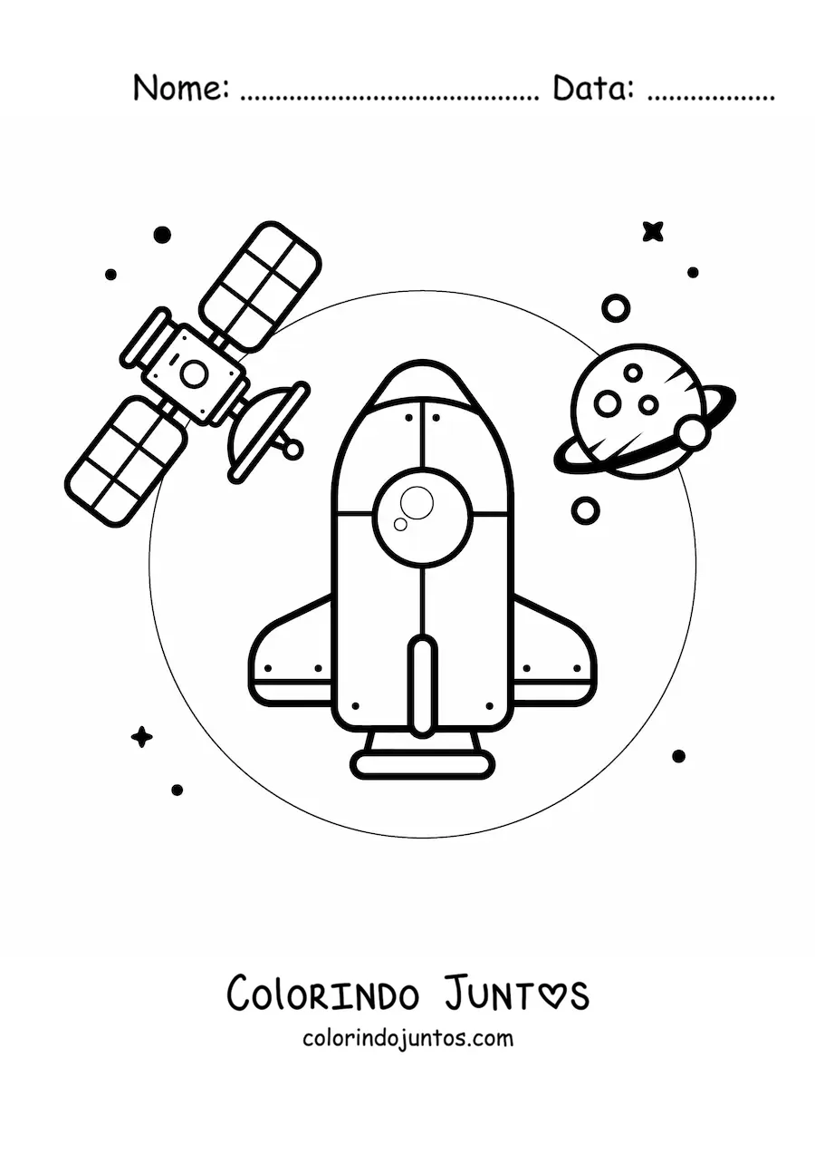 Desenho para colorir de um foguete no espaco junto a um satelite e um planeta