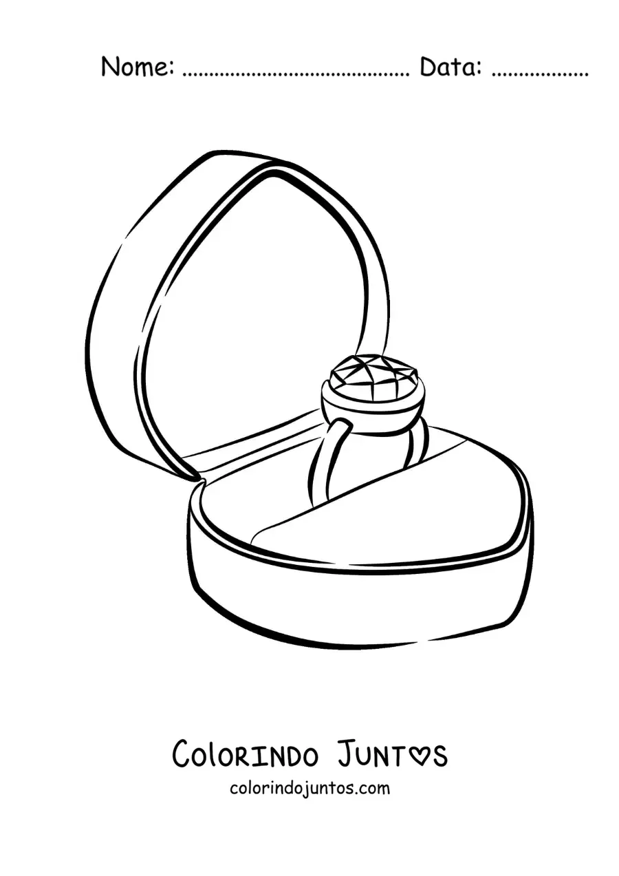 Desenho para colorir de anel de noivado em uma caixa em forma de coracao