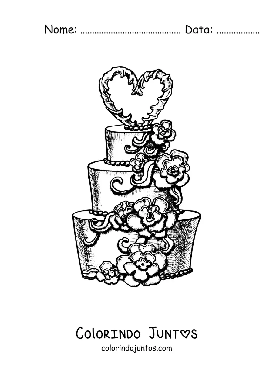 Desenho para colorir de bolo de casamento realista com flores