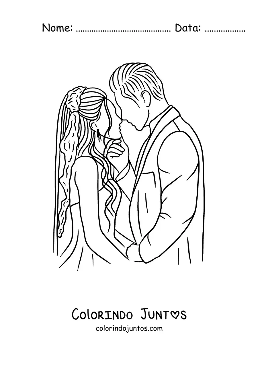Desenho para colorir de beijo do noivo e da noiva em seu casamento