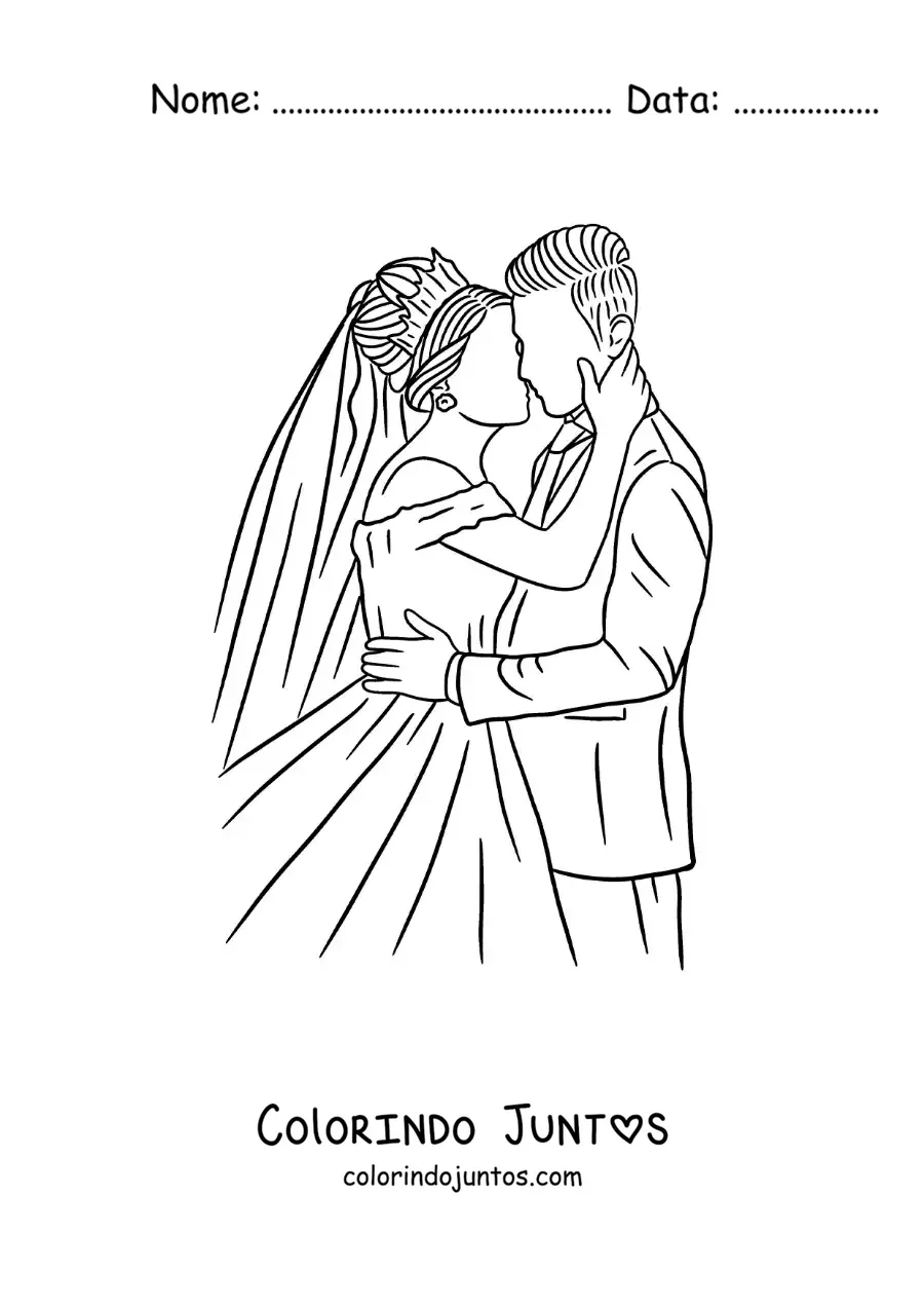 Desenho para colorir de noivos se beijando em seu casamento