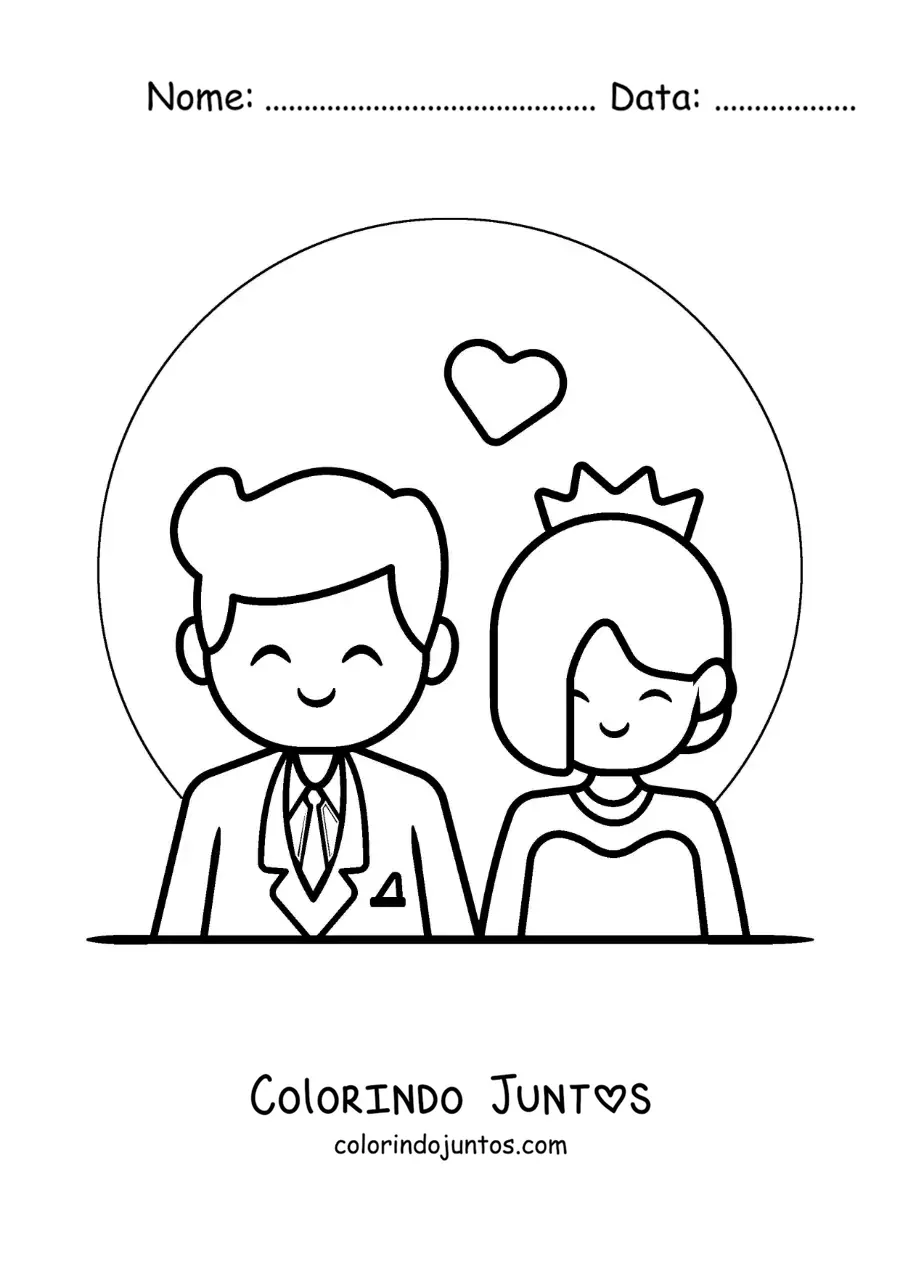Desenho para colorir de casal feliz de noivos animado em seu casamento com coracoes