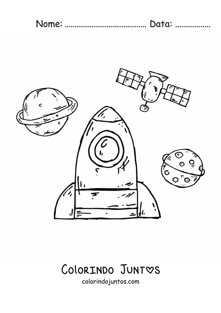 Desenho para colorir de um foguete em estilo cartum no espaco