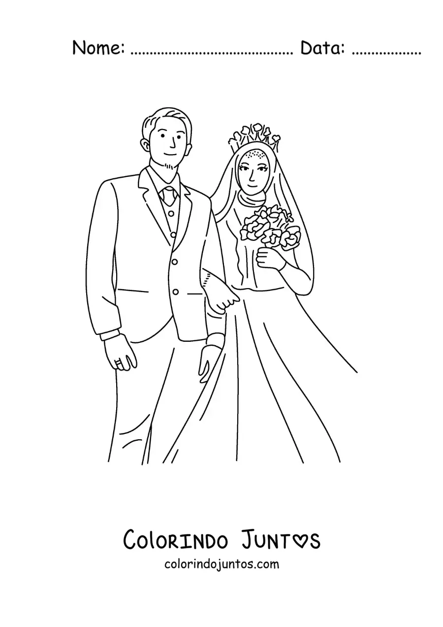 Desenho para colorir de lindo casal de noivo e noiva de hijab em seu casamento