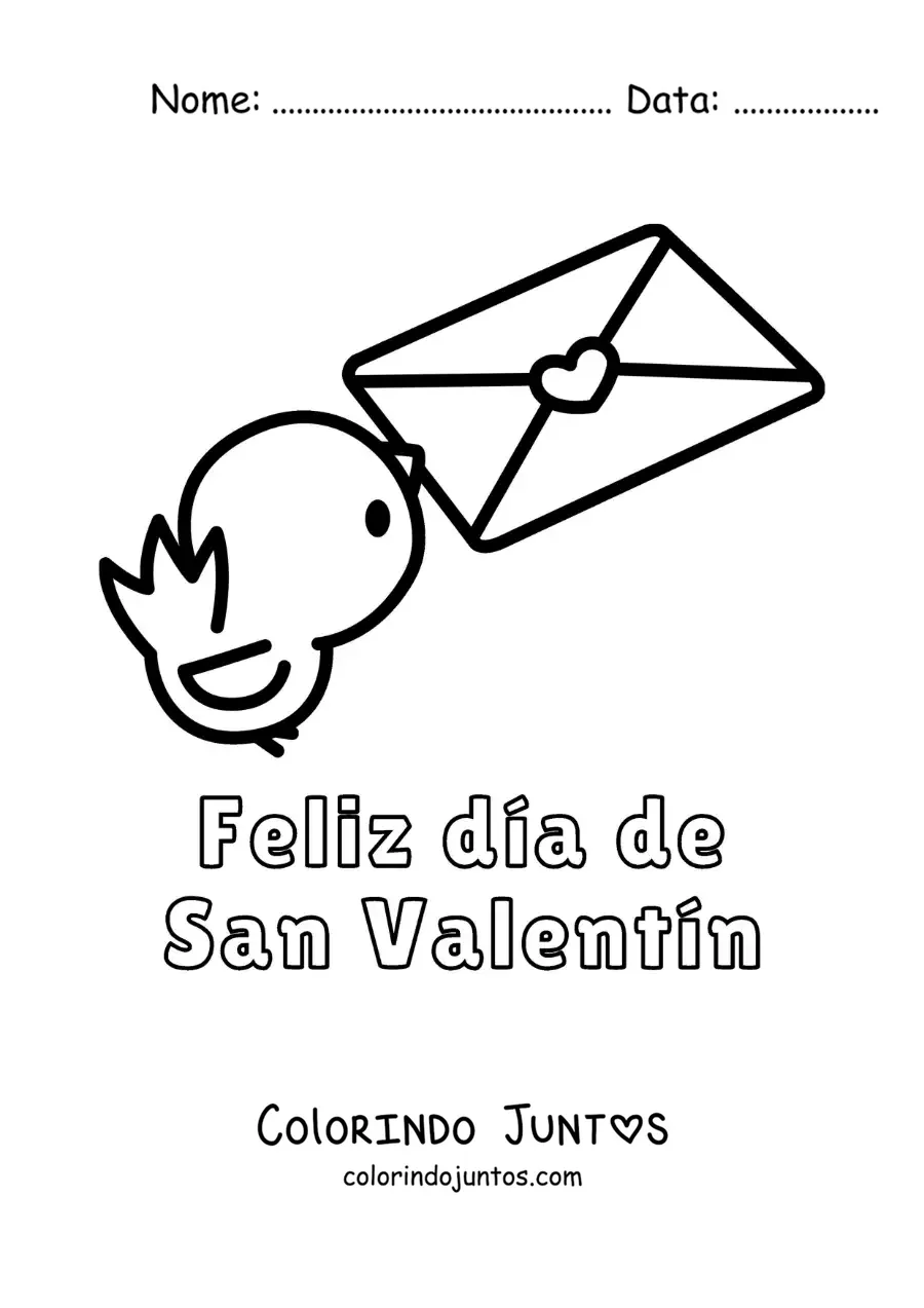 Desenho para colorir de pássaro com uma carta de amor e a frase feliz dia dos namorados